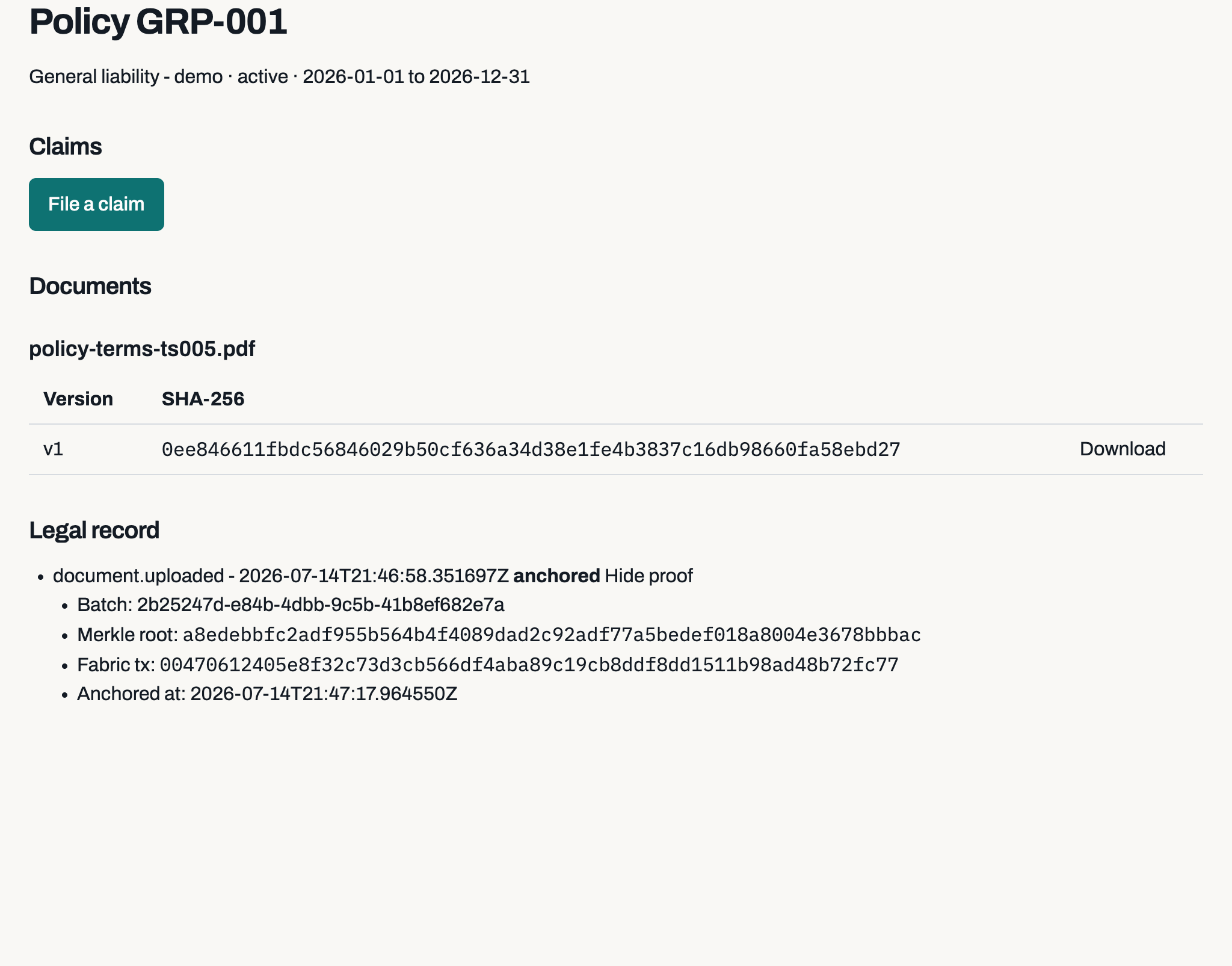 A policy page in the member portal showing a document's SHA-256 hash, and an expanded proof listing the batch id, Merkle root, Fabric transaction id and the time it was anchored.
